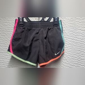 Nike Kids Black Shorts with Pink, Green, and Orange Trim